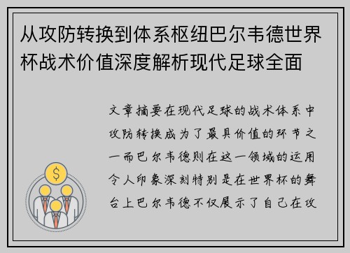 从攻防转换到体系枢纽巴尔韦德世界杯战术价值深度解析现代足球全面